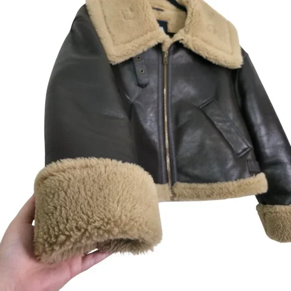 Zara Double Faced Jacket ZW Collection Sherpa Faux Fur Dark Brown Biker Size S - Picture 9 of 16